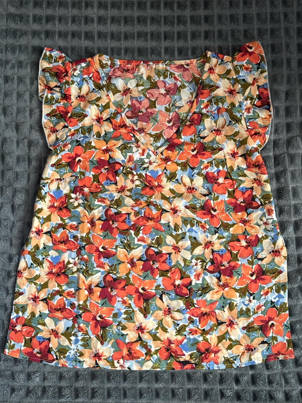 ❤️ Small Orange Floral Printed Top Blouse Peach Blue Green Womens Shirt B8